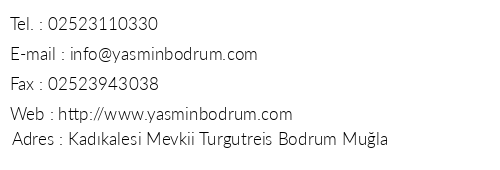 Yasmin Resort Bodrum telefon numaraları, faks, e-mail, posta adresi ve iletişim bilgileri